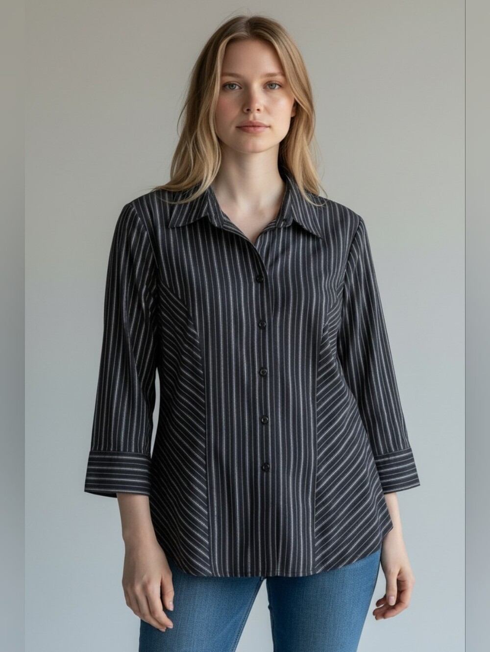 Apostrophe Cotton Blend Black and Silver Pinstripe Button-Down Shirt